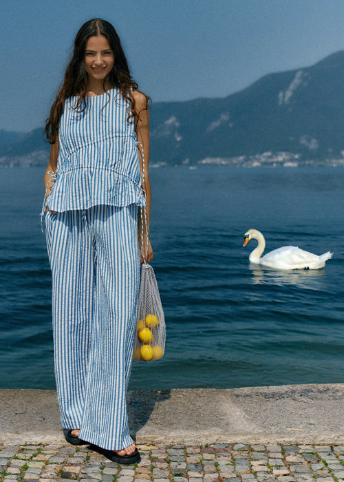 SASS - AZIZA Gathered Tie Top - Blue/White Stripe