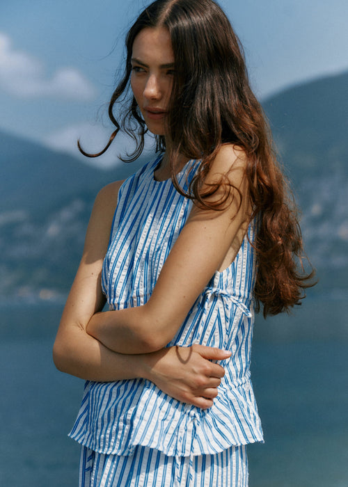SASS - AZIZA Gathered Tie Top - Blue/White Stripe