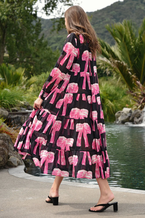 COOP - SUN & THE SWOON Dress - Bow-Dacious Black/Pink Bow
