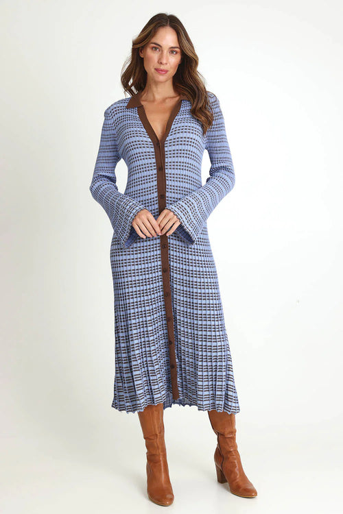SASS - NESTA Check Knit Dress - Blue/Chocolate