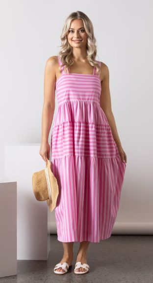 VASSALLI SLEEVED TIRED DRESS WITH WIDE STRAPS AND POCKETS PINK
