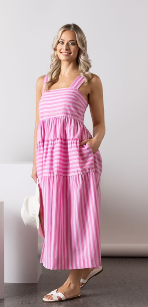 VASSALLI SLEEVED TIRED DRESS WITH WIDE STRAPS AND POCKETS PINK