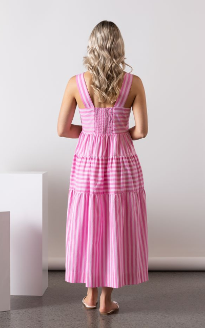 VASSALLI SLEEVED TIRED DRESS WITH WIDE STRAPS AND POCKETS PINK