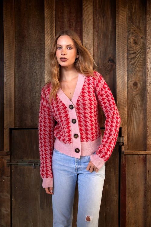 Tuesday - HOUNDSTOOTH Cardi - Pink/Red