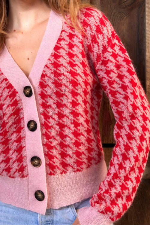 Tuesday - HOUNDSTOOTH Cardi - Pink/Red