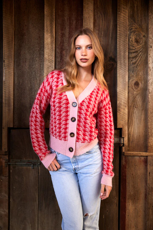 Tuesday - HOUNDSTOOTH Cardi - Pink/Red